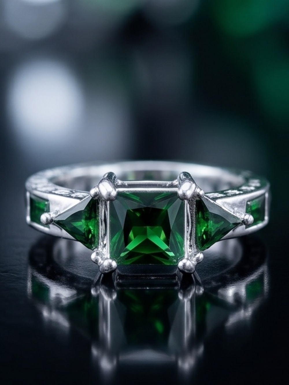 Art Deco Lab Square Cut 1 Ct Emerald Silver Tone Band Size 6 NEW